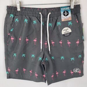 NWT 360 Surf Men's Beach Shorts Black w/ Flamingo and Palm Tree Recycled Poly